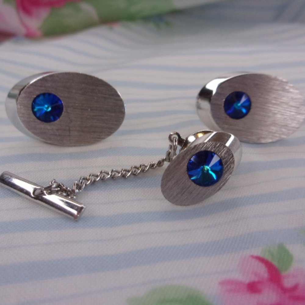 Sarah Coventry Blue Surf Cuff Links Tie Tac Set